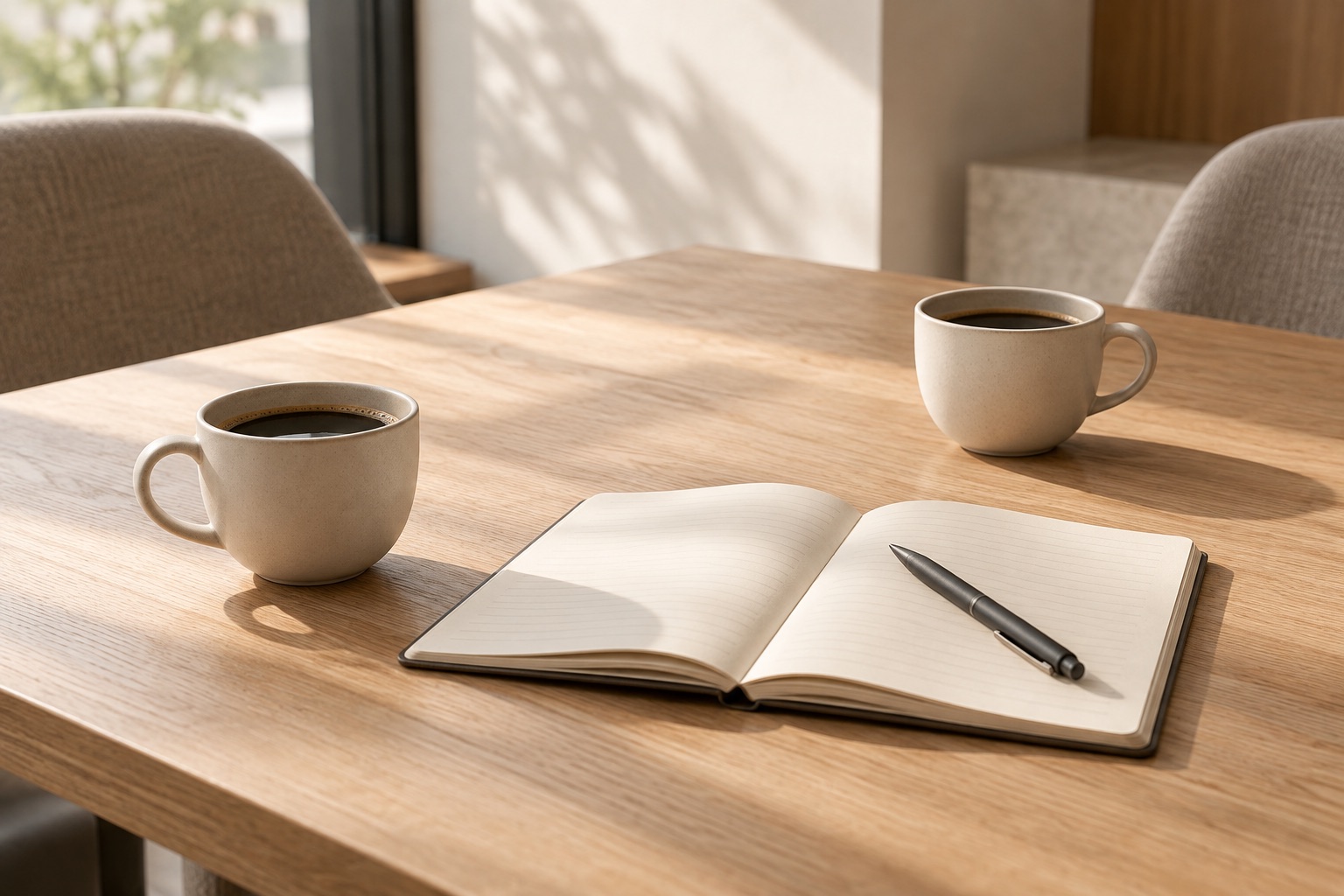 Coffee and a notebook in natural light, AI-generated brand atmosphere